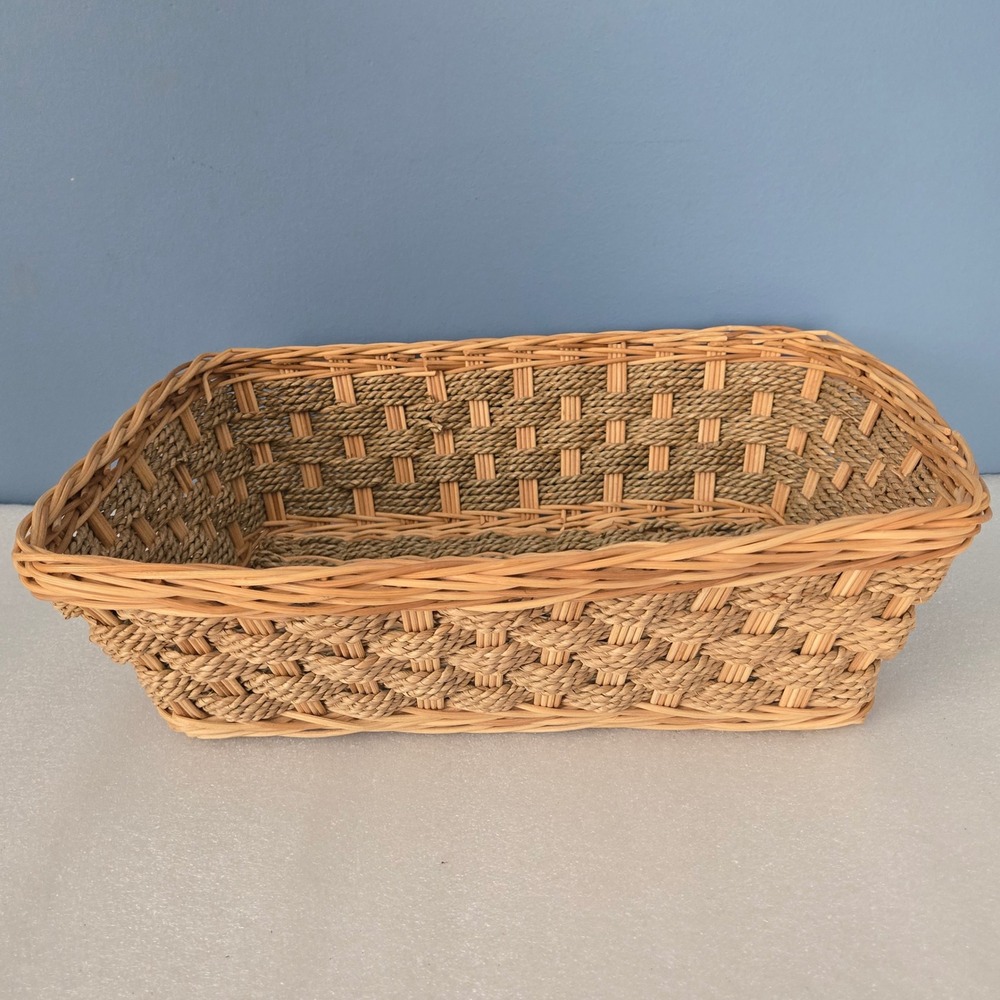 Woven Willow and Seagrass Rectangular Storage Basket Coastal Farmhouse 16x12x5